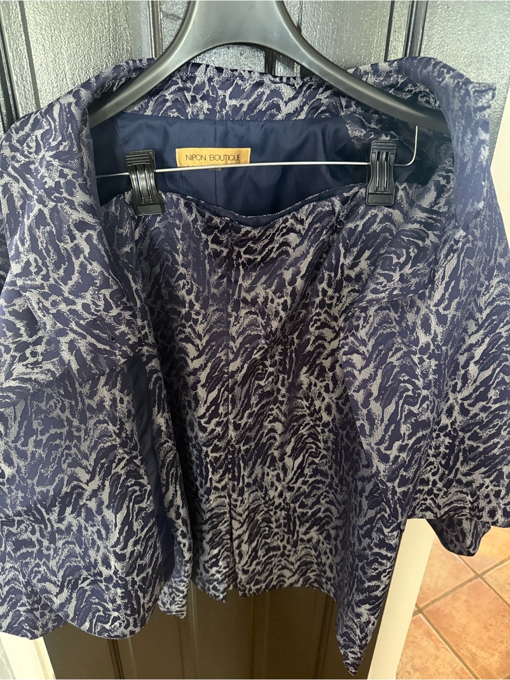 Nipon Boutique Navy and Silver Jacquard Blazer with skirt. Gorgeous suit!